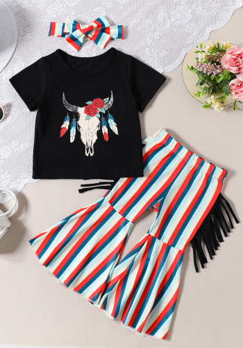 Girls Summer Outdoor Wear Set Short Sleeve Bull Head Print T-Shirt Striped Bell Bottom Pants + Hair Band 3-Piece Set