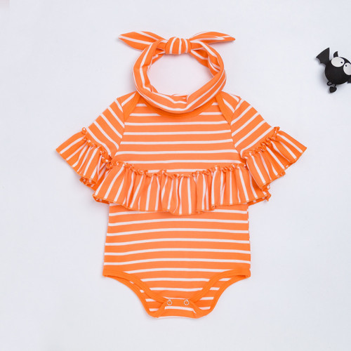 Baby Children's Clothes Ruffled Orange Striped Romper Hair Accessories + Romper