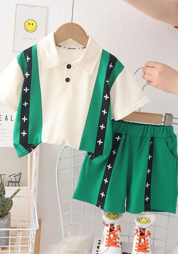 Boys Summer Thin Color Matching Turndown Collar Short Sleeve Two-Piece Set Polo Shirt + Shorts