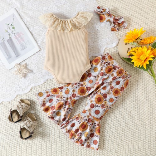 Baby summer sweet floral suit girl lace Ruffled Collar romper print Bell Bottom pants + hair band 3-piece set