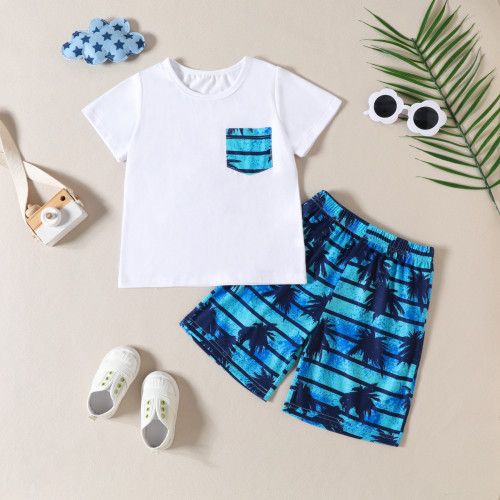 Kids Summer Outdoor Wear Thin Casual Homewear Boys Tropical Plant Print Short Sleeve Shorts Beach Suit