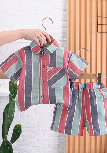 Kids Vertical Striped Summer Dress Thin Short Sleeve Shirt Set Boys
