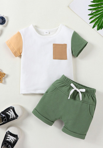 Summer boys and girls cotton contrast color short-sleeved shorts suit