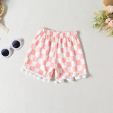 Girls Hawaiian Beach Suit Summer Girls Tassel Printed Vest Fur Ball Shorts Two Piece Set