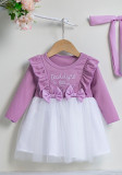 Girl Embroidered Bow Ruffle Patchwork Long Sleeve Princess Dress Hair Accessory Two-piece Set