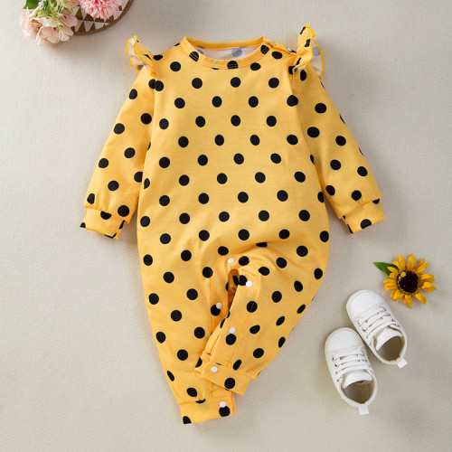 Baby Girl Printed Polka Dot Sunflower Long Sleeve Romper