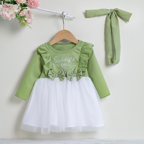 Girl Embroidered Bow Ruffle Patchwork Long Sleeve Princess Dress Hair Accessory Two-piece Set
