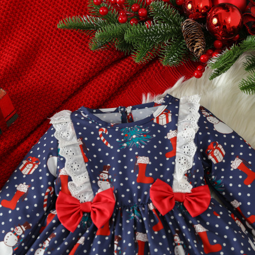 Christmas Girl autumn long-sleeved polka dot cartoon Santa Claus print dress