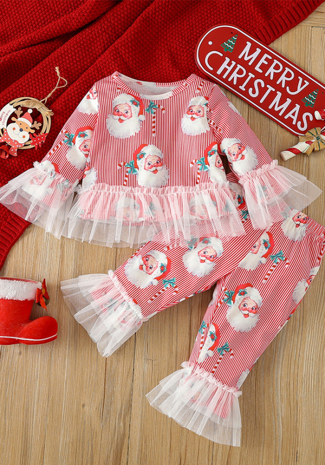 Christmas Girl long-sleeved cartoon Santa Claus printed T-shirt Pant home wear two-piece set