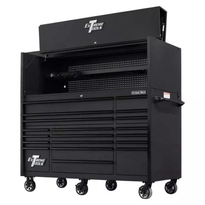 EXTREME TOOLS 72″ RX SERIES 30″ 19-DRAWER DEEP ROLLER CABINET WITH HUTCH – BLACK WITH RED DRAWER
