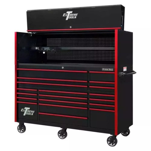 EXTREME TOOLS 72″ RX SERIES 30″ 19-DRAWER DEEP ROLLER CABINET WITH HUTCH – BLACK WITH RED DRAWER
