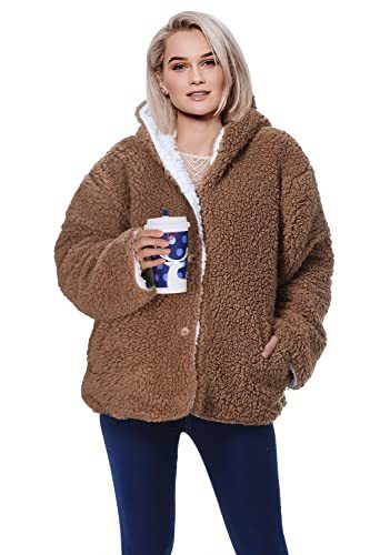 Women's Casual Fuzzy Coat Jacket, Soft Cozy Sherpa Cropped Jacket Fluffy Hooded Coat with Pockets, Gift for Women Mom Wife