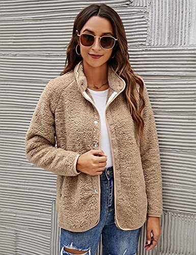 Micoson Women's Long Sleeve Cardigan Coat Lapel Button Down Warm Fuzzy Fleece Jacket Oversized Winter Outwear with Pockets