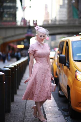 ABIGAIL pink lace dress with pearl buttons Aline dress rockabilly custom made