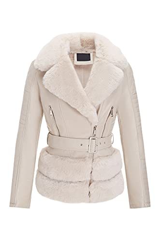 Bellivera Women Faux Suede Leather Jacket Motorcycle Short Sherpa-Lined Coat with Removable Belt