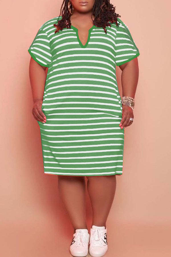 Casual Striped Print Short Sleeve Plus Size Midi Dress