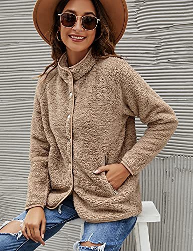 Micoson Women's Long Sleeve Cardigan Coat Lapel Button Down Warm Fuzzy Fleece Jacket Oversized Winter Outwear with Pockets