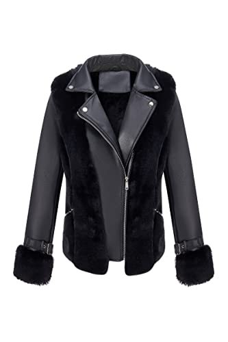 Bellivera Women Faux Leather Jacket Short Belted Fall Winter Fashion Warm Casual Moto Biker Coat Shaggy Fur Hooded Outwear