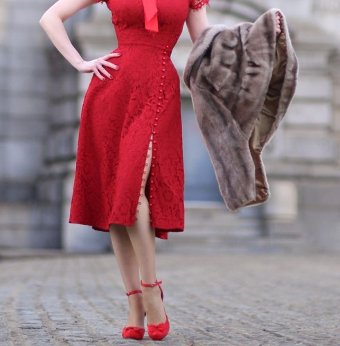 ABIGAIL red lace dress with pearl buttons Aline dress rockabilly custom made