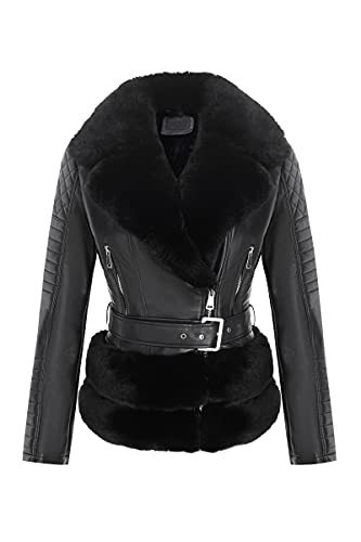 Bellivera Women Faux Suede Leather Jacket Motorcycle Short Sherpa-Lined Coat with Removable Belt