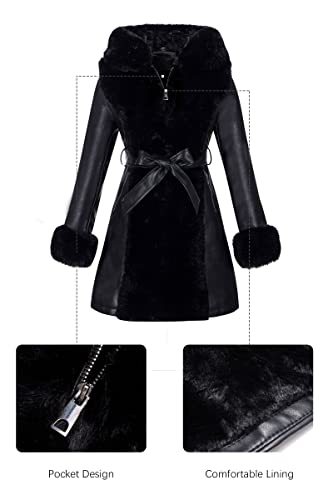 Bellivera Women's Faux Leather Fleece Lined Coat Winter Hooded Zip-up Parka with Belt