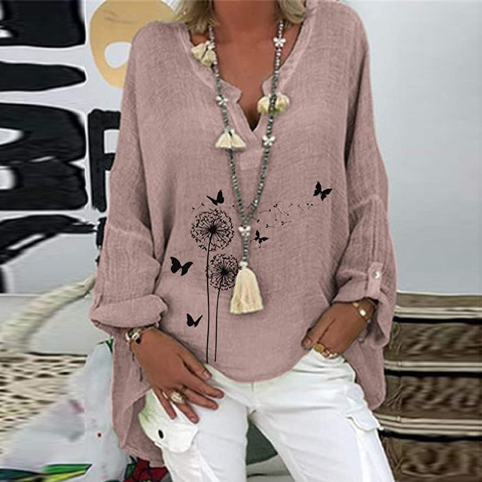 Solid color V-neck printed loose and comfortable linen cotton shirt top