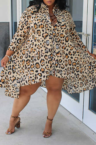 Loose Leopard Print Casual Shirt Dress