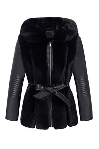 Bellivera Women Faux Leather Jacket Short Belted Fall Winter Fashion Warm Casual Moto Biker Coat Shaggy Fur Hooded Outwear