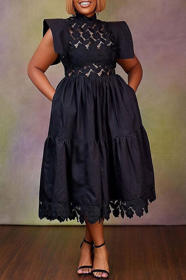 Plus Size Lace Stitching Ruffle Sleeve Babydoll Dress(No pockets)