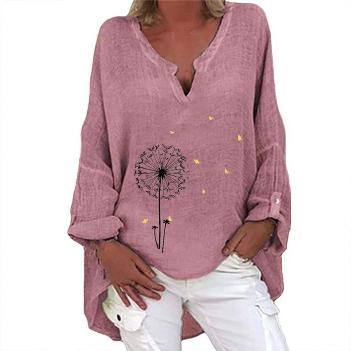 Solid color V-neck printed loose and comfortable linen cotton shirt top