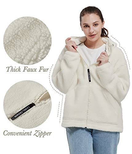 CAMEL CROWN Women's Warm Fleece Sherpa Jackets Hooded Faux Shearling Coats Oversized Winter Teddy Coat Zipper Outwear