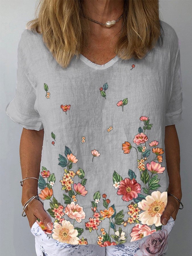 Women's Floral Print Cotton Linen T-Shirt