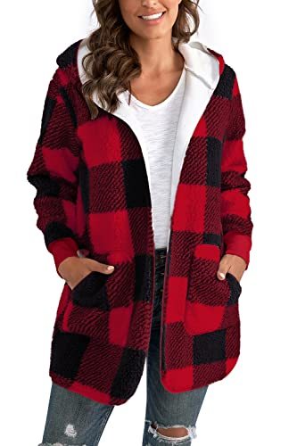 Yanekop Womens Fuzzy Fleece Open Front Hooded Cardigan Jackets Sherpa Coat with Pockets