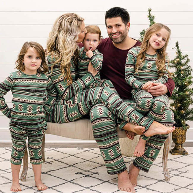 Green Homely Stripe Matching Family Pajamas Set