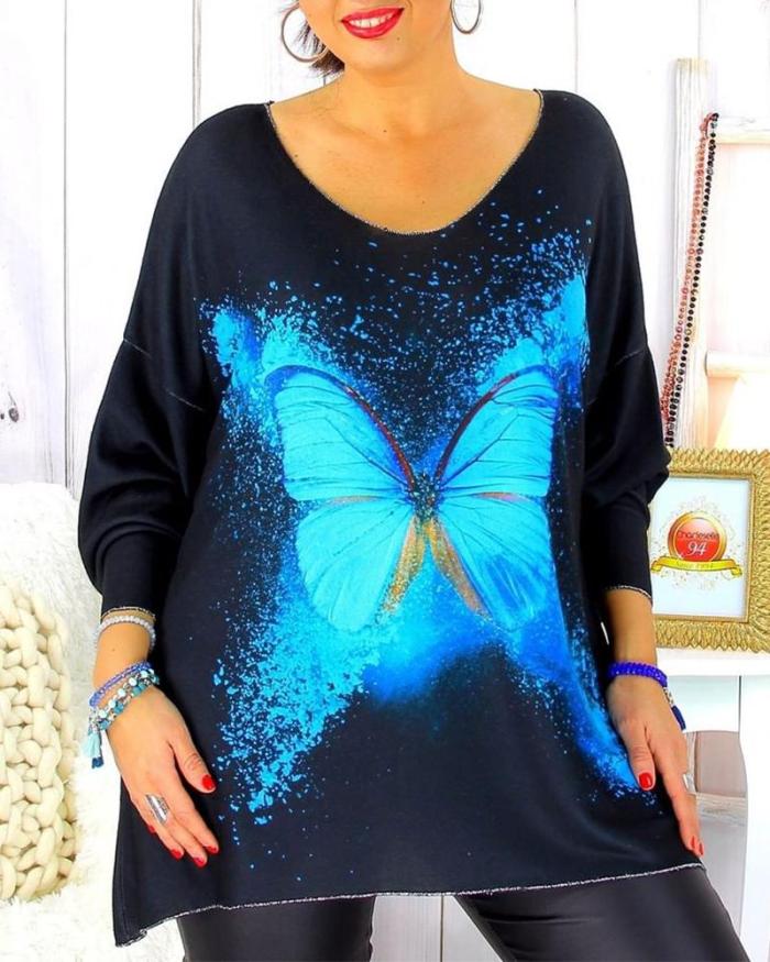 Butterfly Print Ladies Solid Color Plus Size Blouse