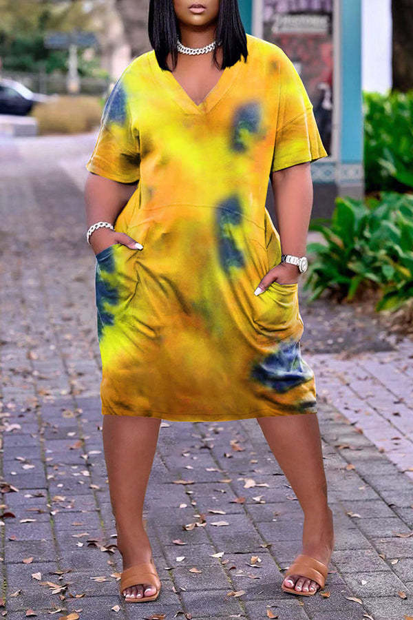 Cozy Tie Dye V-neck Pocket Casual Dress