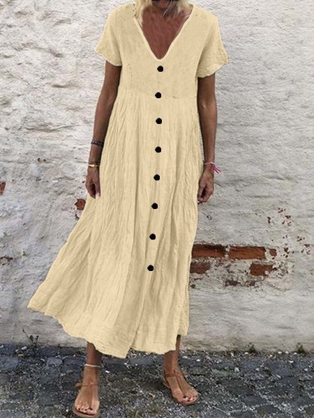 Women's Casual Solid Color Button V-Neck Cotton Linen Dress