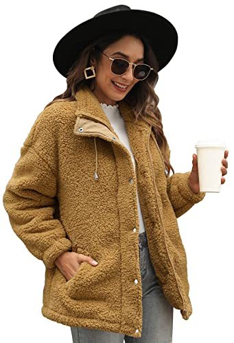 Womens Sherpa Jacket Warm Winter Teddy Bear Coat Casual Fleece Zip Up Oversized Loose Faux Shearling Outwear with Pockets
