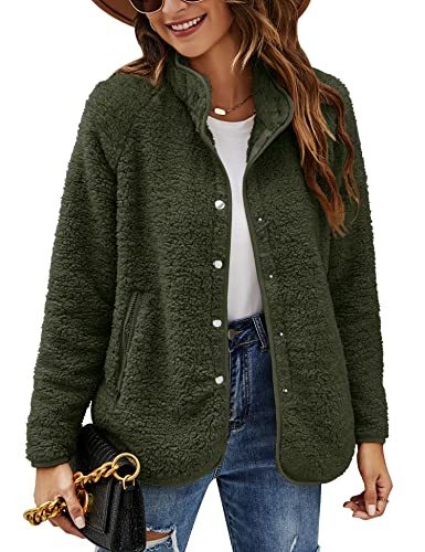 Micoson Women's Long Sleeve Cardigan Coat Lapel Button Down Warm Fuzzy Fleece Jacket Oversized Winter Outwear with Pockets