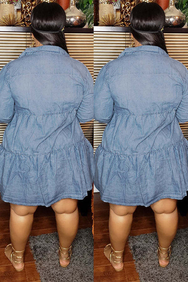 Lapel Buttoned Pleated Loose Denim Dress