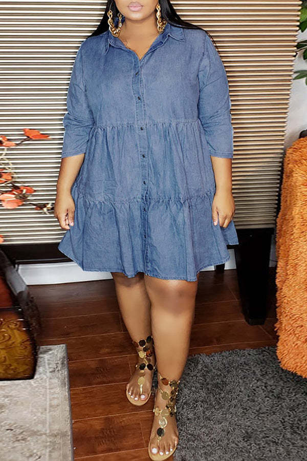 Lapel Buttoned Pleated Loose Denim Dress