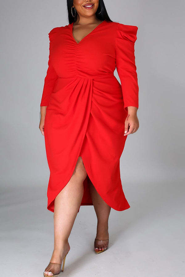 Temperament V-neck Pleated Slit Plus Size Midi Dress