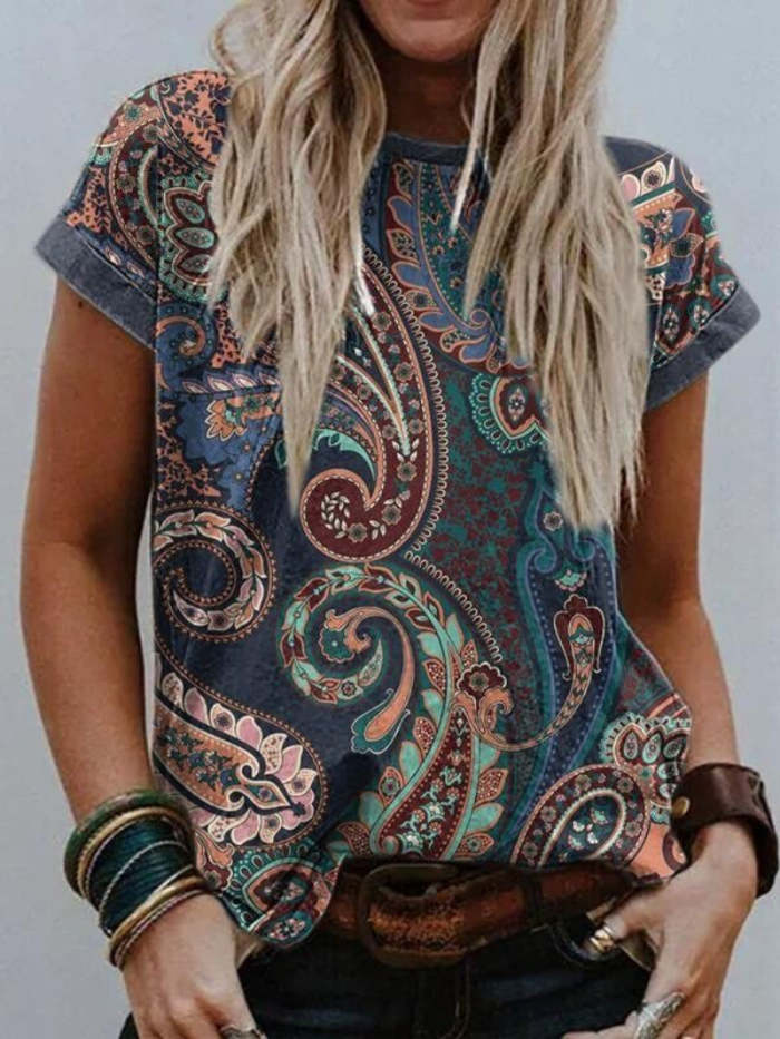 Western Feather Printed Round Neck T-Shirt