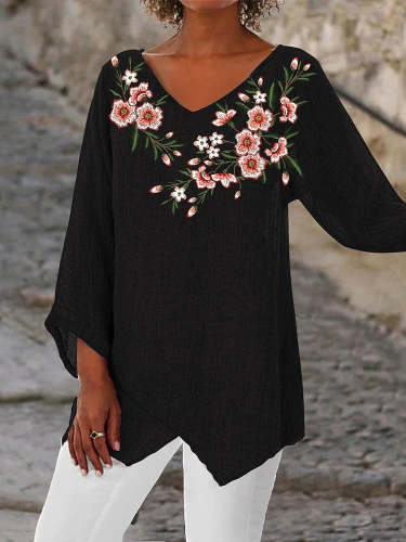 Women's Holiday Weekend Floral Shirt Floral Long Sleeve Asymmetric Print V Neck Casual Beach Tops Black S / 3D Print