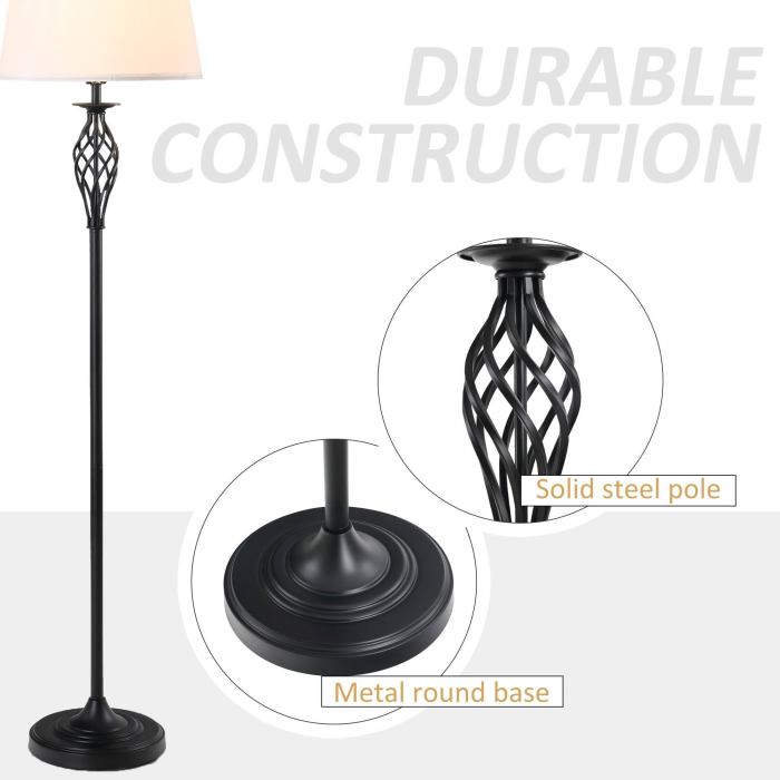 3 Piece Table Floor Lamp Set with Metal Pole, Round Base, and Fabric Lampshade - Black/White