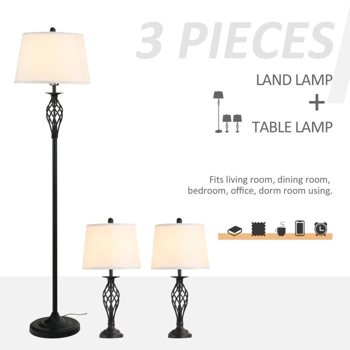 3 Piece Table Floor Lamp Set with Metal Pole, Round Base, and Fabric Lampshade - Black/White