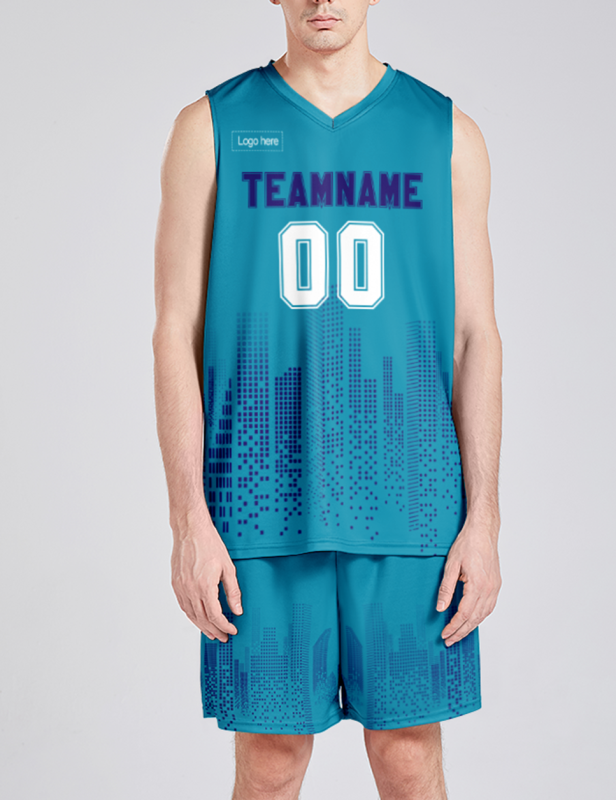 Custom Lake Blue And Blue V Neck Sublimation Basketball Suit Jersey