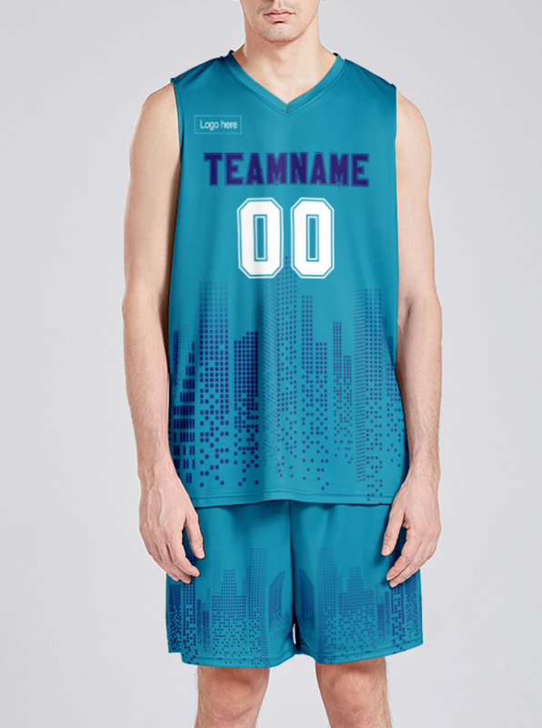 Custom Lake Blue And Blue V Neck Sublimation Basketball Suit Jersey