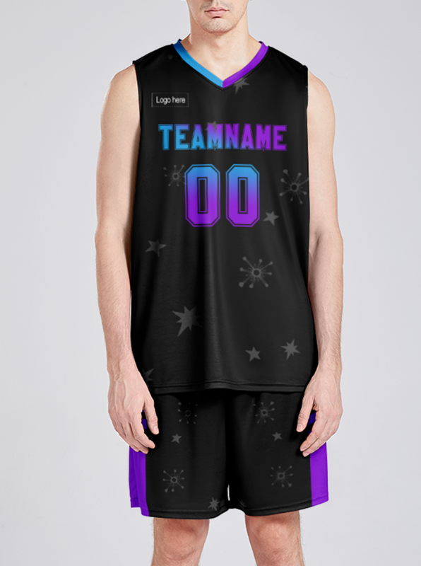 Black And Blue-Purple V Neck basketball Shirt And Shorts Design