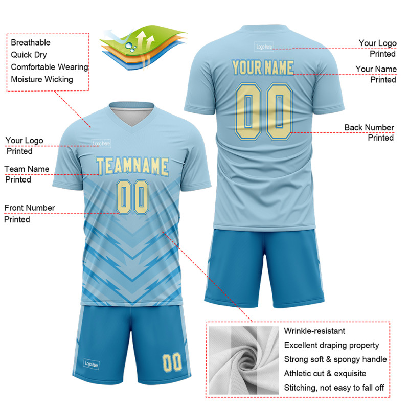 Custom Light Blue And Yellow Sublimation Soccer Suit Jerseys